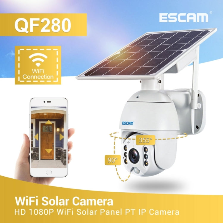 ESCAM QF280 HD 1080P IP66 Waterproof WiFi Solar Panel PT IP Camera with Battery, Support Night Vision / Motion Detection / TF Card / Two Way Audio, with Battery ESCAM QF280 HD 1080P IP66 Waterproof WiFi Solar Panel PT IP Camera with Battery, Support Night Vision / Motion Detection / TF Card / Two Way Audio, with Battery